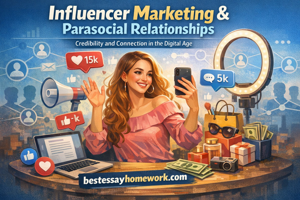 Illustration of a female influencer filming at a desk with a ring light, smartphone, laptop, gifts, and cash for influencer marketing and parasocial relations.