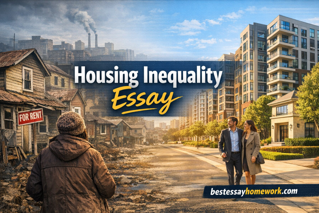 Split urban scene: decaying houses on the left and modern apartments on the right, with a couple walking and 'Housing Inequality Essay' text overlaid.