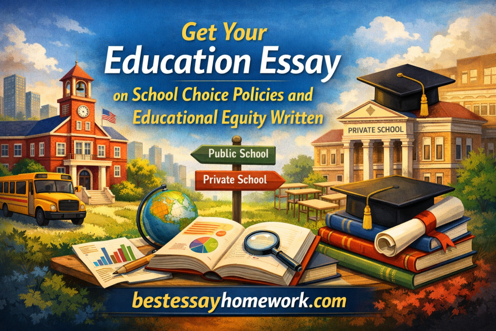 Poster advertising education essay writing on school choice policies and educational equity, with school buildings, bus, signs for Public School and Private School, books, globe, and graduation cap