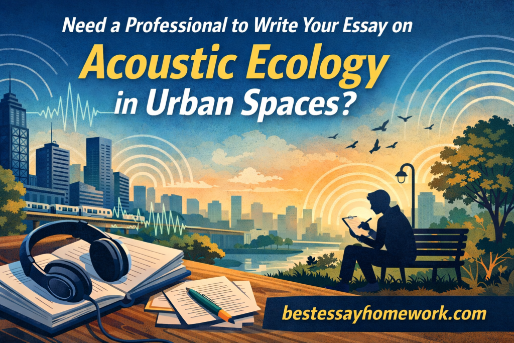 Ad offering professional essay writing on Acoustic Ecology in Urban Spaces; skyline, headphones on notebooks, and a person writing on a bench by a park.