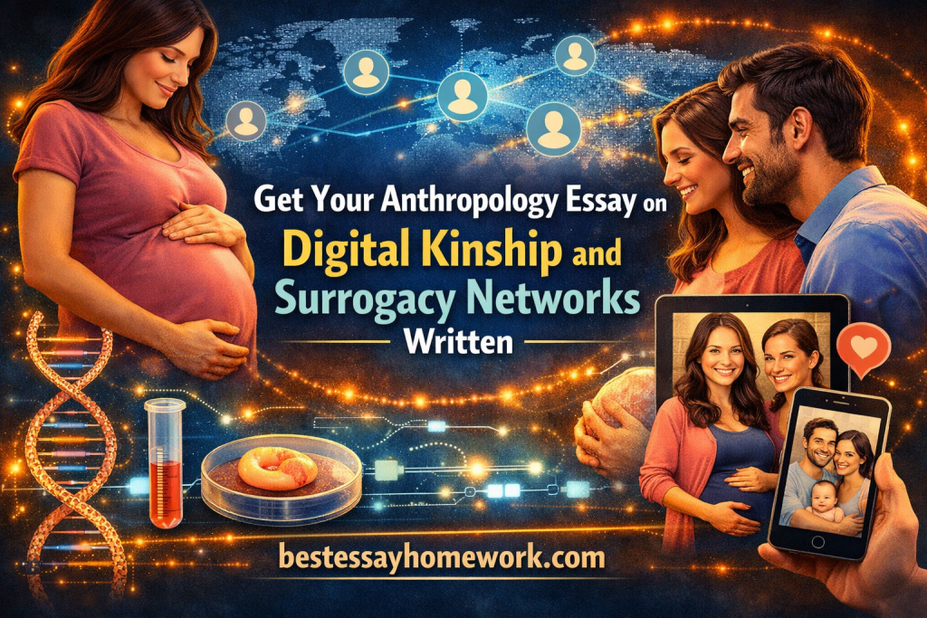 Pregnant woman with hand on belly, smiling couple nearby, tablet showing a family photo, surrounded by digital network graphics and DNA imagery advertising an anthropology essay on digital kinship and surrogacy networks.