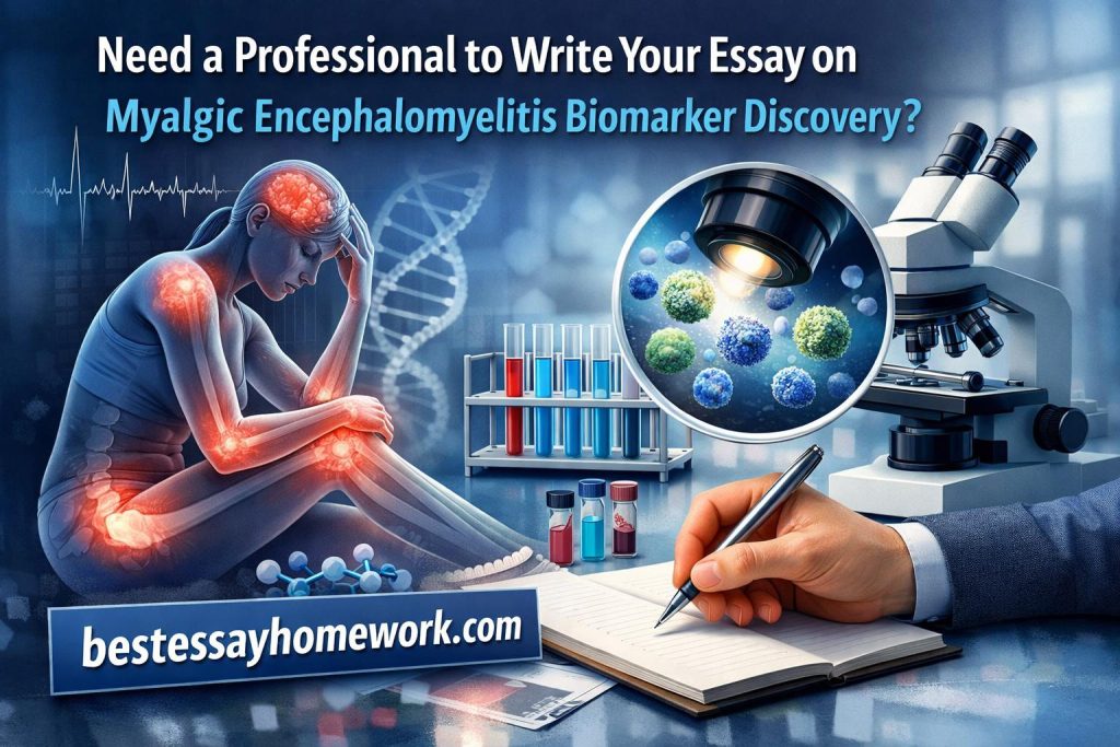 Promotional banner for essay writing help showing a stressed person with glowing joints, laboratory equipment, and a hand writing in a notebook; bestessayhomework.com nearby.