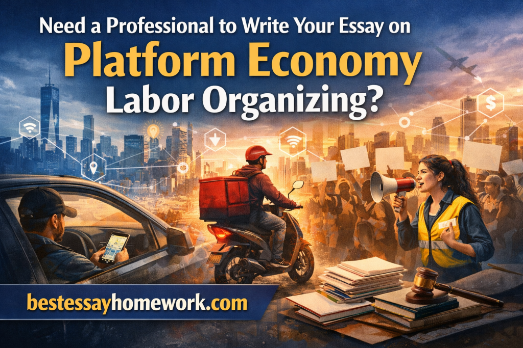 Poster asking for a pro to write your essay on Platform Economy Labor Organizing; protesters, a delivery rider, and megaphone.