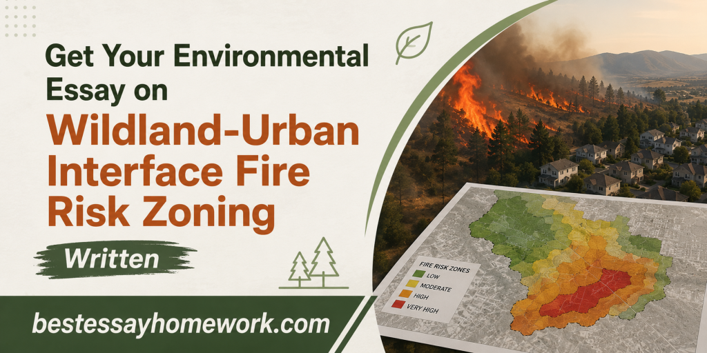 Poster promoting an environmental essay on Wildland-Urban Interface Fire Risk Zoning, with a color-coded risk map and burning forest scenes.