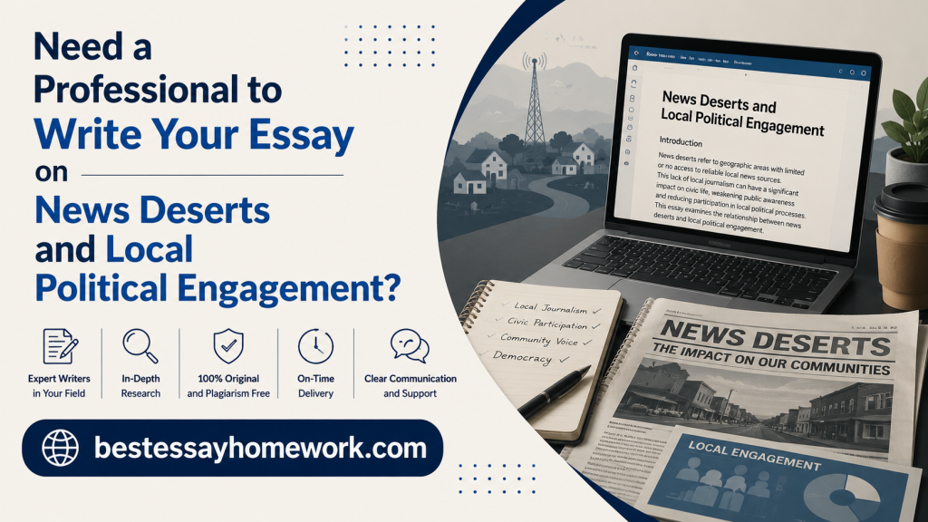 Hero banner offering a professional essay writing service on News Deserts and Local Political Engagement; laptop, notebook, and newspaper on a desk.