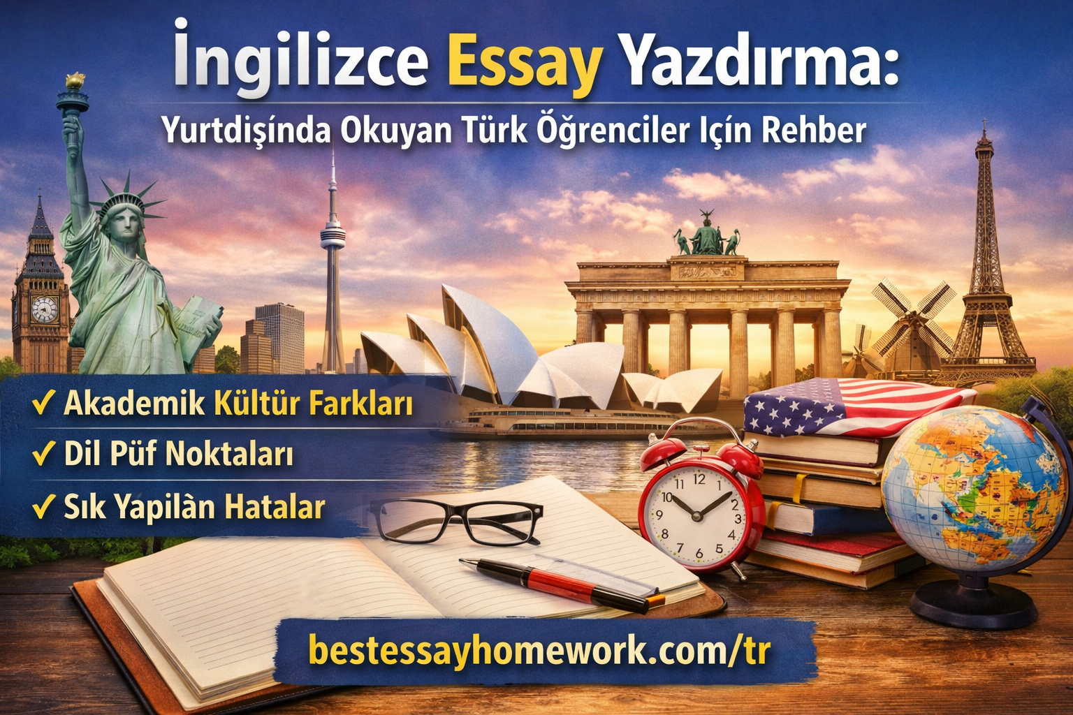 Read more about the article İngilizce Essay Yazdırma: Yurtdışında Okuyan Türk Öğrenciler İçin Rehber (USA, UK, Kanada, Avustralya, Almanya, Fransa, Hollanda – Akademik Kültür Farkları, Dil Püf Noktaları, Sık Yapılan Hatalar)