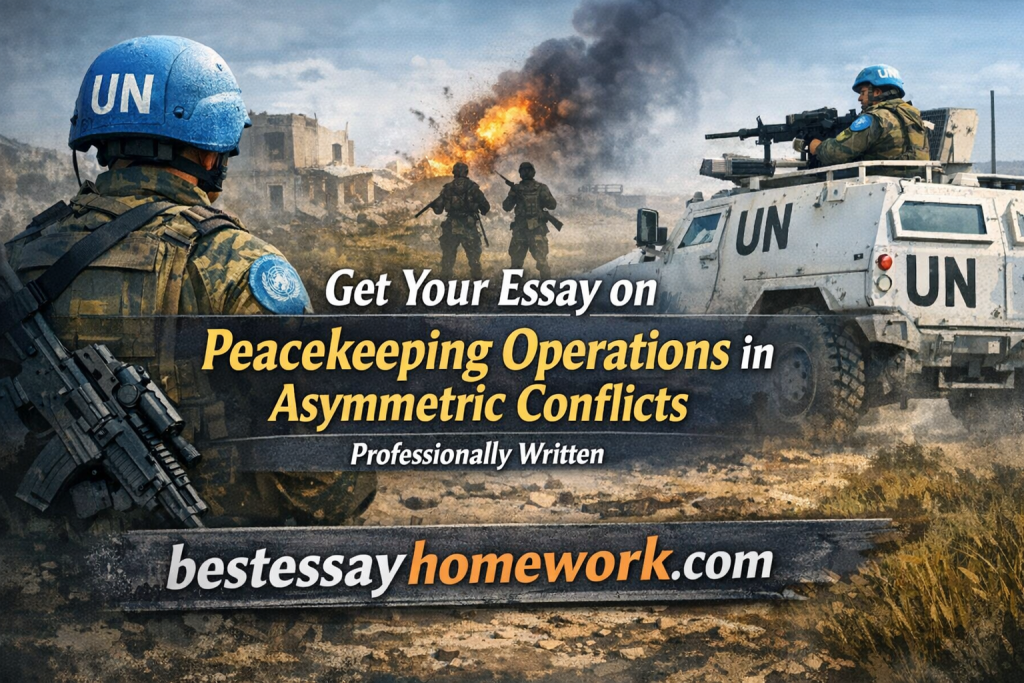 Promotional image for a writing service: soldiers and UN vehicle on a battlefield with the headline 'Get Your Essay on Peacekeeping Operations in Asymmetric Conflicts' and site name bestessayhomework.com