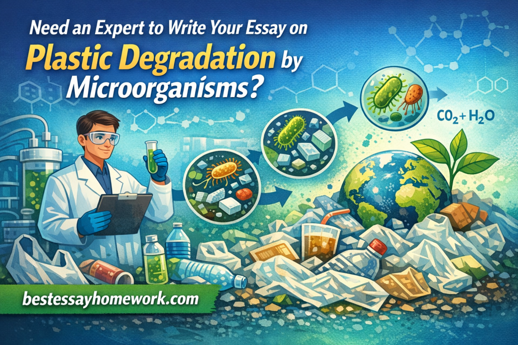 Scientist in lab coat holds a test tube and clipboard, studying plastic degradation by microbes amid a polluted landscape.