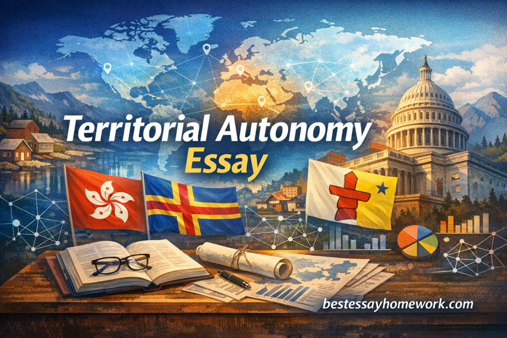 Collage-style cover with a global map, flags (Hong Kong, UK, Scotland, Cross flag), open book, glasses, rolled papers, and 'Territorial Autonomy Essay' title.