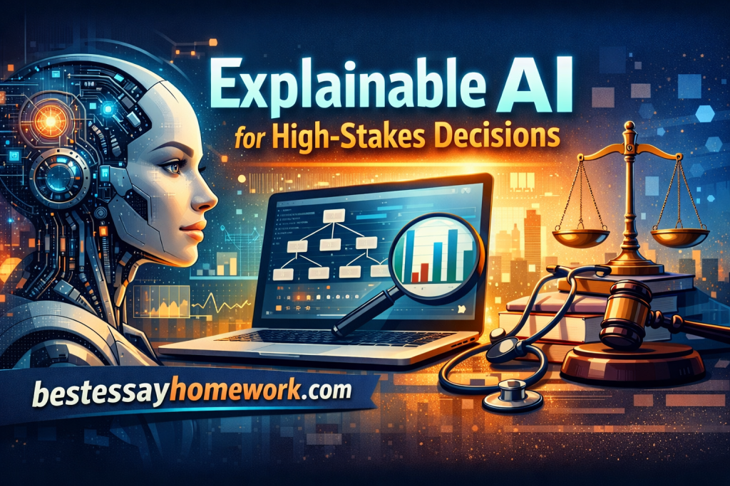 Futuristic AI robot gazes at a laptop displaying charts; a magnifying glass, scales of justice, and a gavel sit nearby beside stacked books.