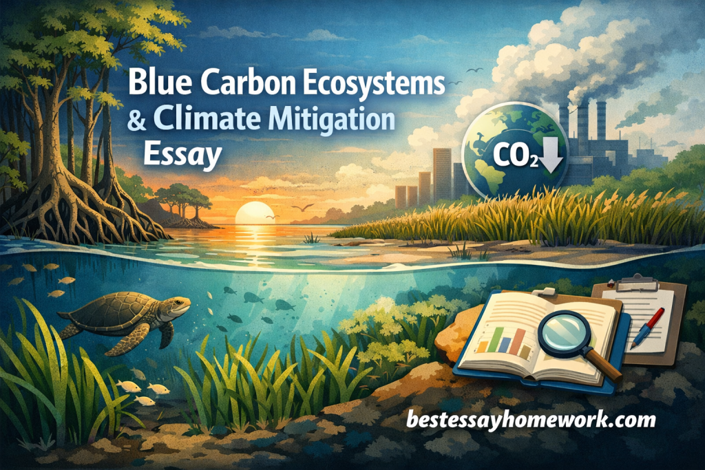 Cover image showing a nature-and-industry scene with a turtle in a blue-green underwater world, a sunset, and a magnifying-glass study scene; title reads 'Blue Carbon Ecosystems & Climate Mitigation Essay' and 'bestessayhomework.com' at the bottom.