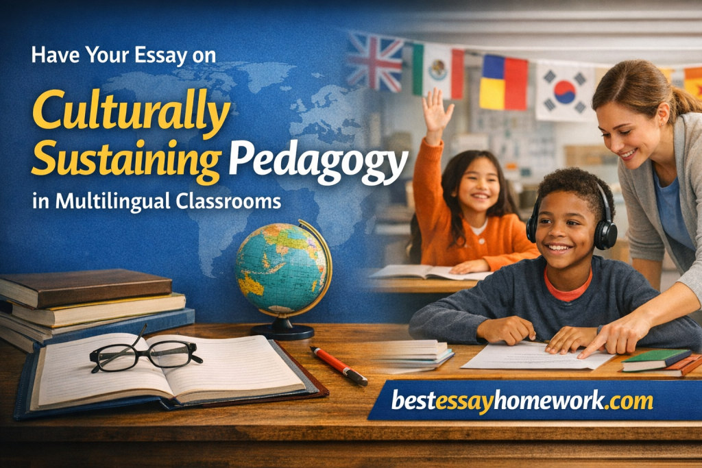 Poster-style image promoting culturally sustaining pedagogy in multilingual classrooms; text: 'Have Your Essay on Culturally Sustaining Pedagogy in Multilingual Classrooms' with a classroom scene on the right and 'bestessayhomework.com' logo at the bottom right.