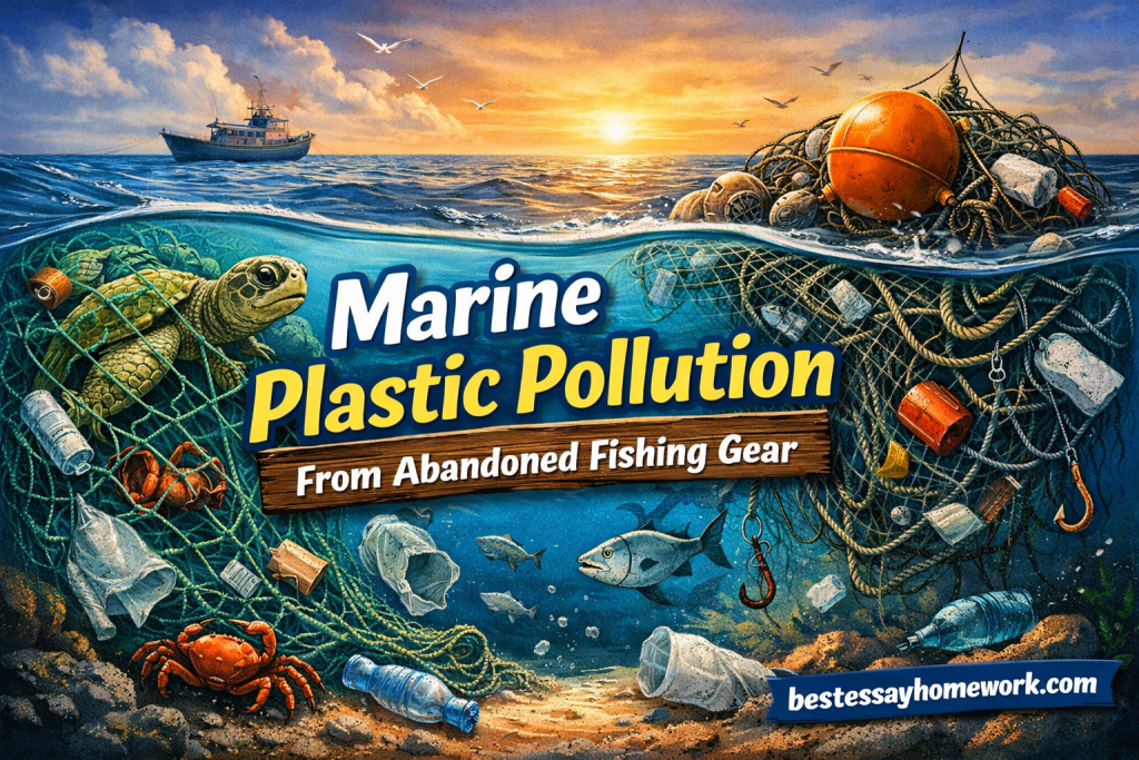 Poster illustrating marine plastic pollution from abandoned fishing gear, with sea life entangled in nets and trash scattered on seabed