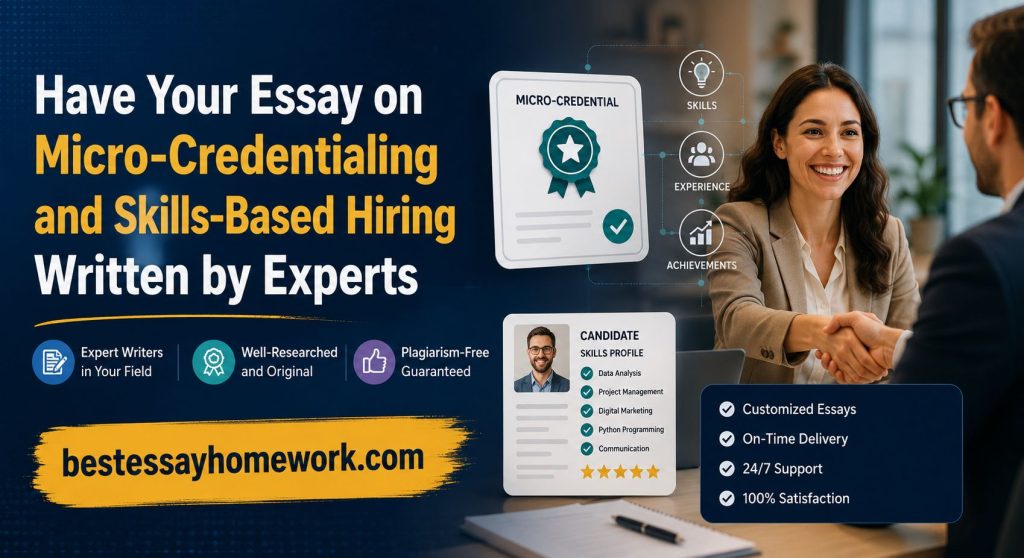 Have Your Essay on Micro-Credentialing and Skills-Based Hiring Written by Experts | En İyi Essay Banner advertising micro-credentialing and skills-based hiring with a smiling professional shaking hands and bold headlines.