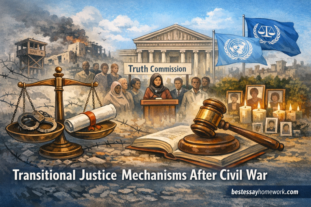 Poster-style illustration of transitional justice after civil war, showing a Truth Commission banner, scales of justice, handcuffs, gavel, UN flags, and victims' photos.