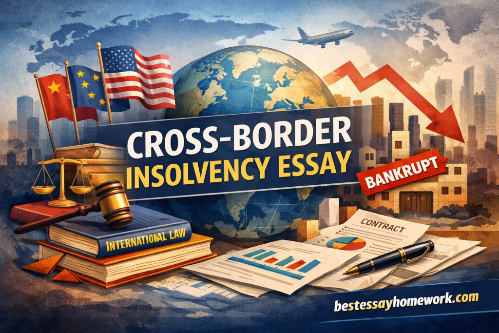 Poster about cross-border insolvency featuring a globe, national flags, scales of justice, a gavel, and law books labeled International Law with a 'BANKRUPT' badge.
