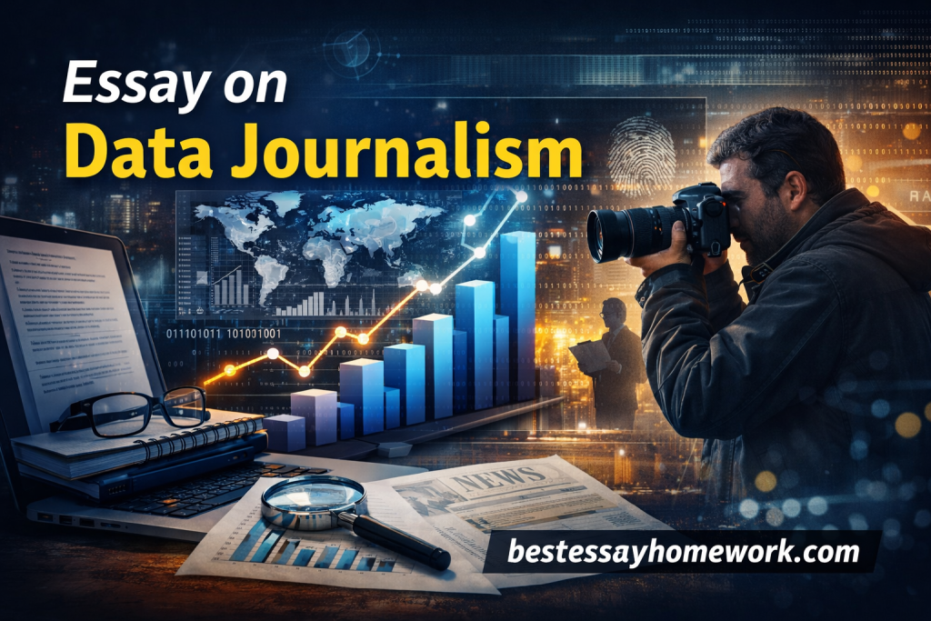 Photographer aiming a camera at a data journalism scene with charts, a world map, and a laptop on a desk.