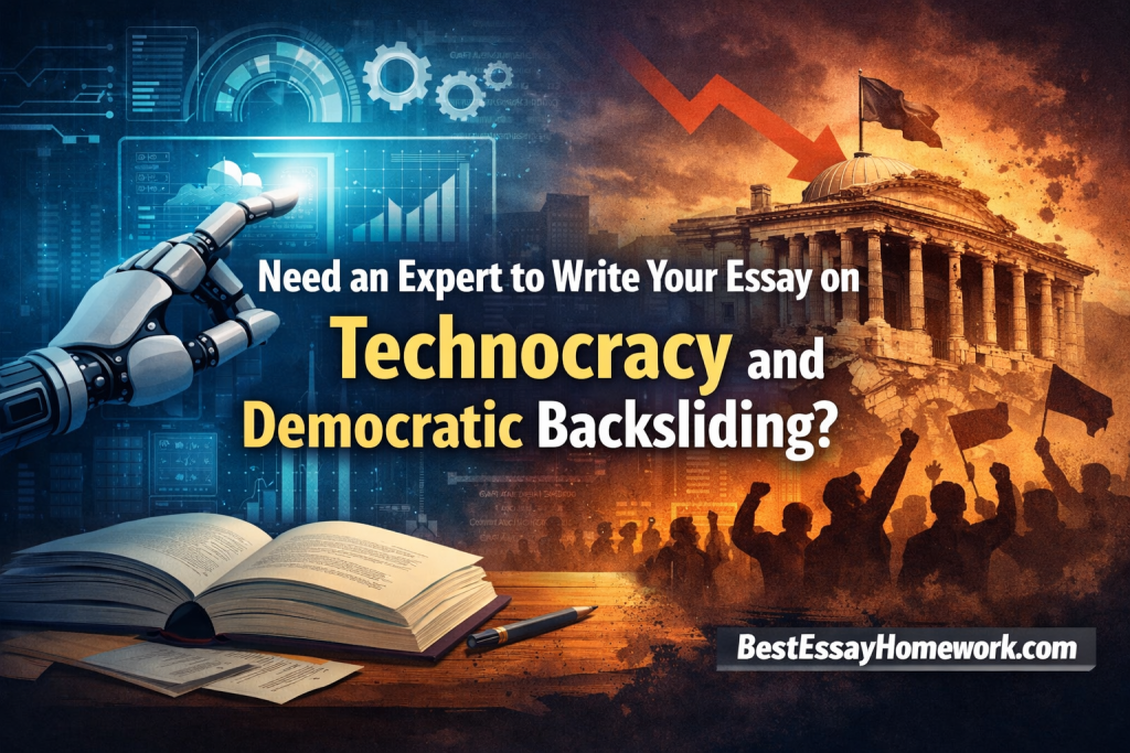 Banner promoting essay help with a robotic hand, open book, and protest crowd before a domed government building; headline about Technocracy and Democratic Backsliding.