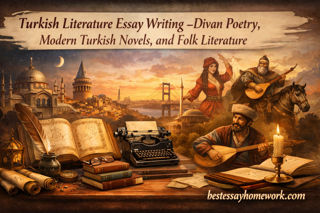 Poster collage celebrating Turkish literature with a feather quill, typewriter, open books, musicians, and Istanbul skyline at sunset; banner reads Turkish Literature Essay Writing – Divan Poetry, Modern Turkish Novels, and Folk Literature.