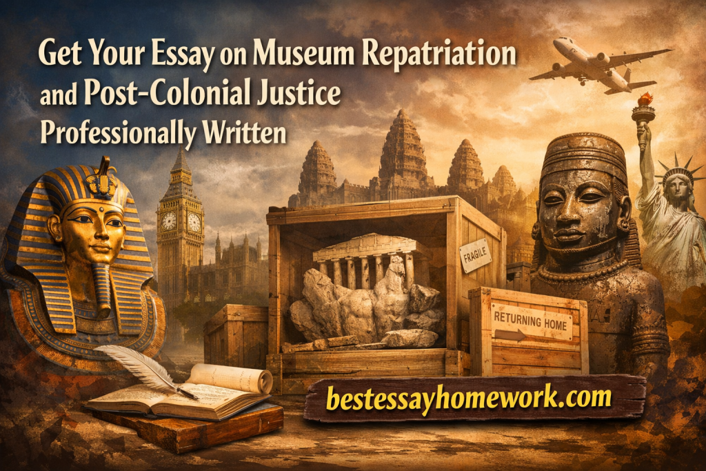 Promotional collage for bestessayhomework.com about museum repatriation, showing artifacts, crates, an open book, and a vintage airplane scene.