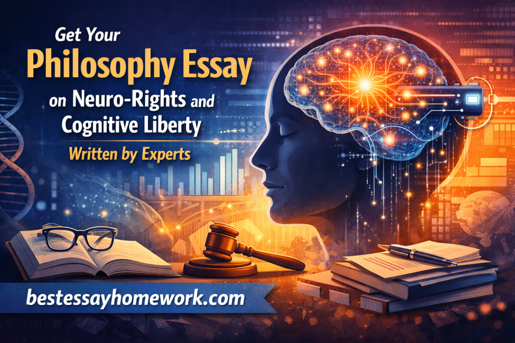 Promotional banner for a philosophy essay on neuro-rights and cognitive liberty, showing a glowing brain with VR headset and a gavel on a desk.