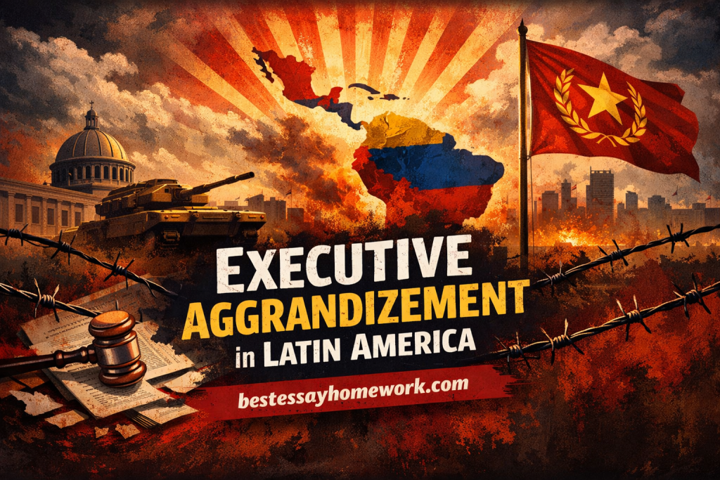 Political-themed poster showing a tank, barbed wire, and a map of Latin America with bold text about executive aggrandizement in Latin America.
