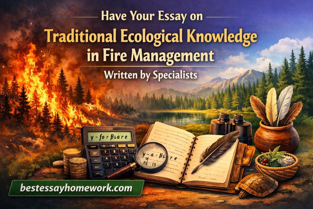 Banner promoting an essay on Traditional Ecological Knowledge in Fire Management, set against a forest fire scene with a notebook, feathers, and binoculars in the foreground, and bestessayhomework.com text visible.