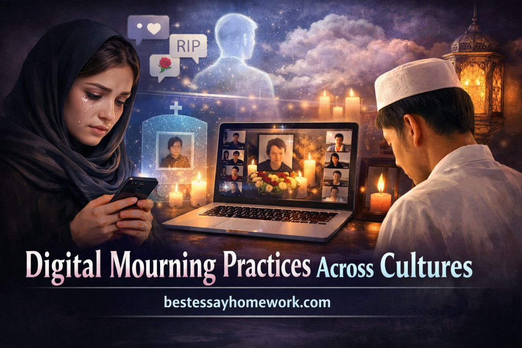 Woman in hijab crying on her phone; man in kufi watches a laptop showing a virtual memorial with candles.