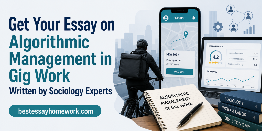Banner promoting an essay on algorithmic management in gig work, with a cyclist, smartphone task UI, notebook, and sociology books; bestessayhomework.com.