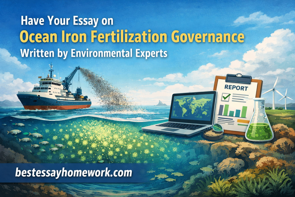 Promotional banner for an essay on ocean iron fertilization governance, with a research ship, laptop, clipboard, and lab flask at sea coast. Read by environmental experts at bestessayhomework.com.