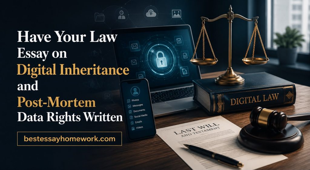Have Your Law Essay | En İyi Essay Promotional banner for a law essay service about digital inheritance and post-mortem data rights with a gavel, scales, and a 'Digital Law' book on a desk.
