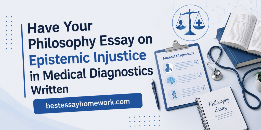 Banner promoting a philosophy essay on epistemic injustice in medical diagnostics, with a clipboard, stethoscope, and books on a blue background, bestessayhomework.com visible.