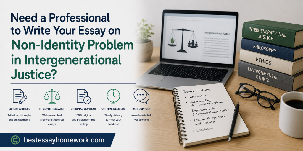 Banner promoting professional essay help for intergenerational justice, featuring a laptop, books, notebook with an outline, and coffee at a desk.